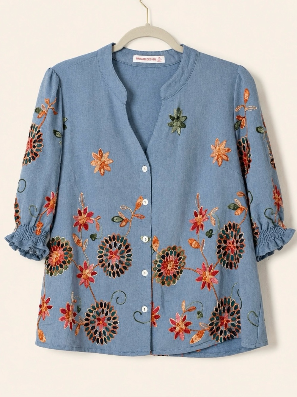 Parami Design Embroidered Floral Chambray Blouse Boho Puff Sleeve XL - Picture 2 of 6